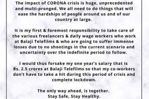 COVID-19: Ekta Kapoor gives up one-year salary of 2.5cr for employees